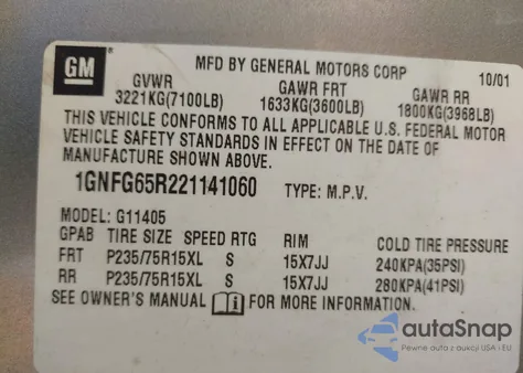 2002 Chevrolet Express G1500 from USA, damaged, VIN 1GNFG65R221141060